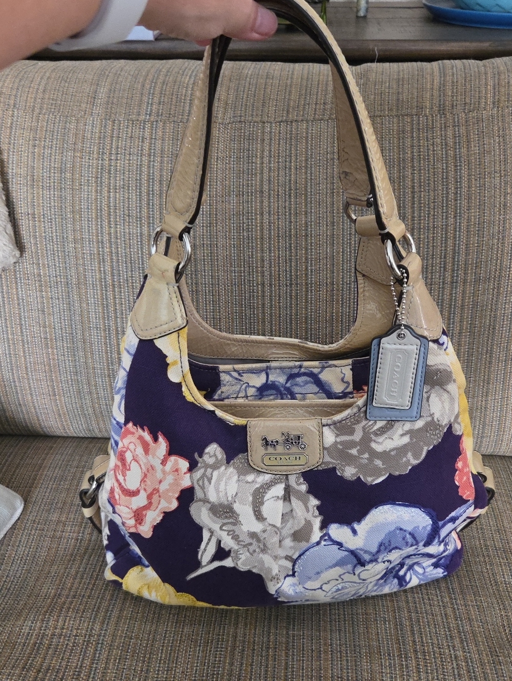 Coach Madison Maggie Navy Floral Tote Handbag triple compartment